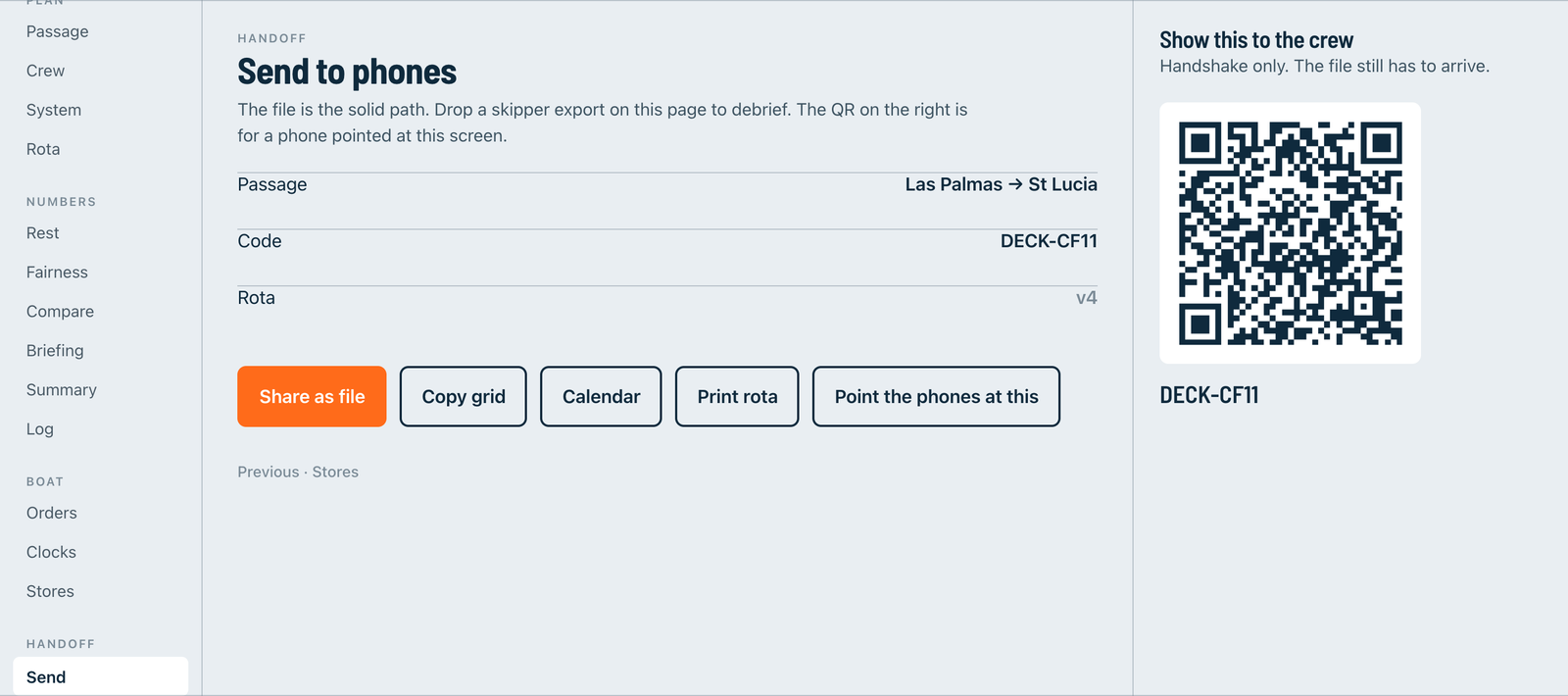 DeckVakt desk send screen with a QR code and join code DECK-CF11 for Las Palmas to St Lucia.